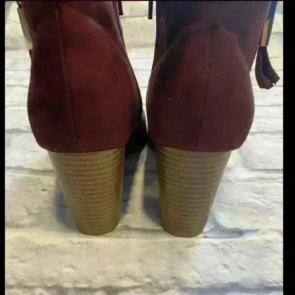 APT 9 Womens Burgundy Suede Ankle Boots Chunky Heel Side Zip Fashion Size 7‎
